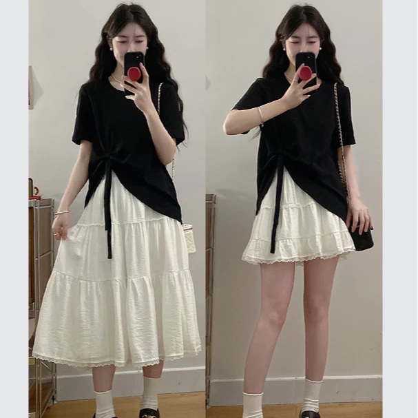 大码女装胖mm新款花边蛋糕裙+蝴蝶结宽松T恤百搭夏季
