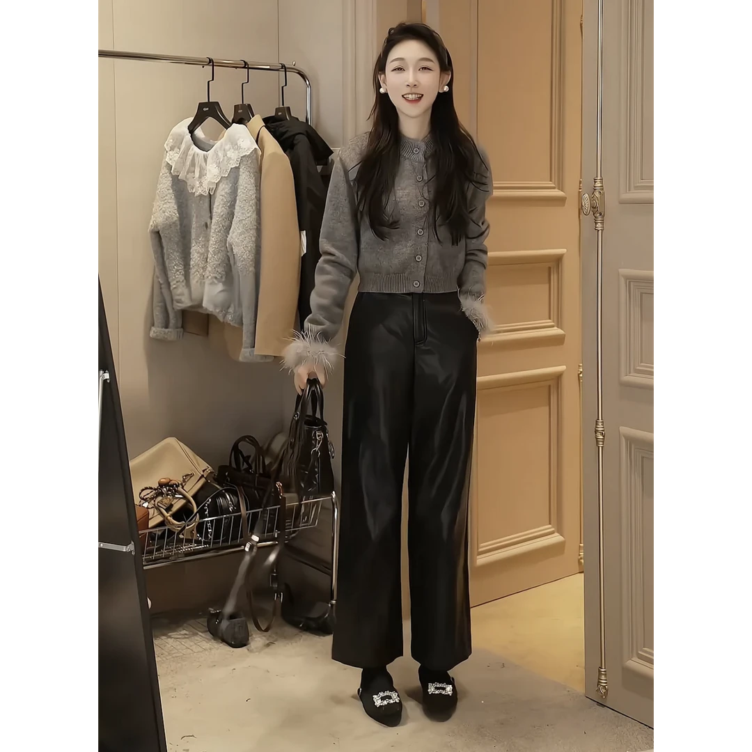 春季时尚一整套女装2025新款韩版设计感针织开衫高腰阔腿裤两件套