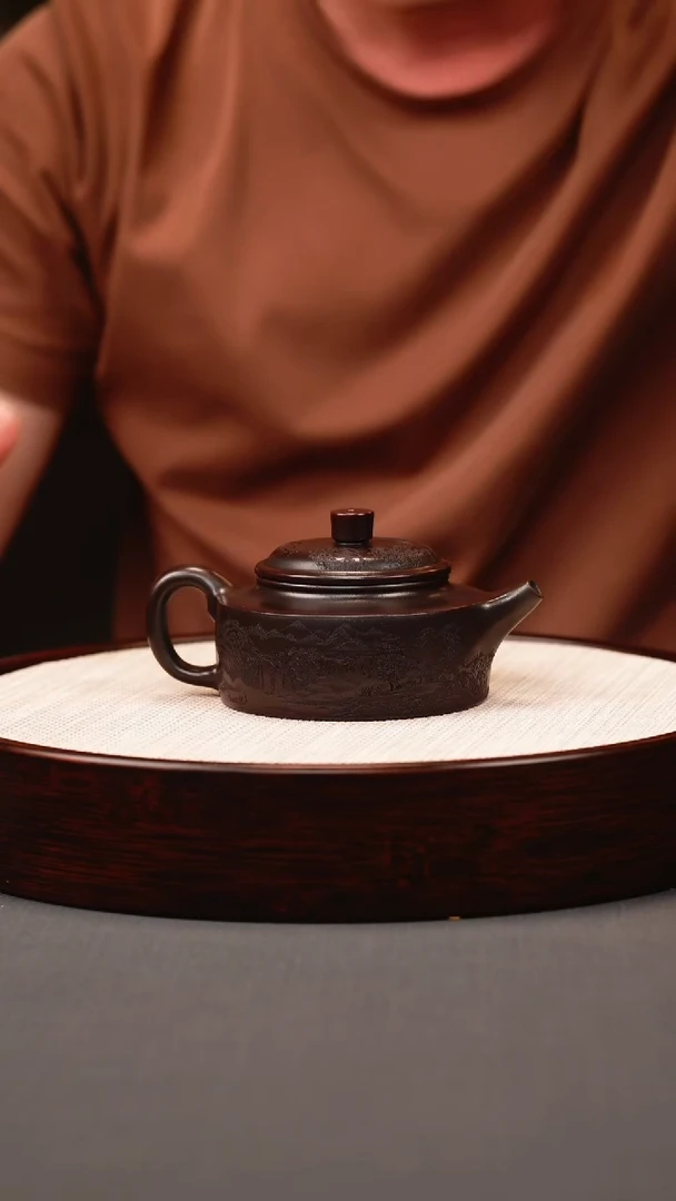茶壶紫砂古红泥 扁德中 刻绘