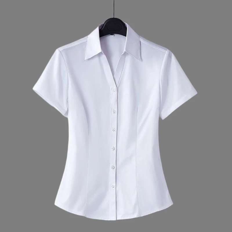 夏季气质V领白衬衫女短袖棉质职业装2025新款上衣韩版修身工作服