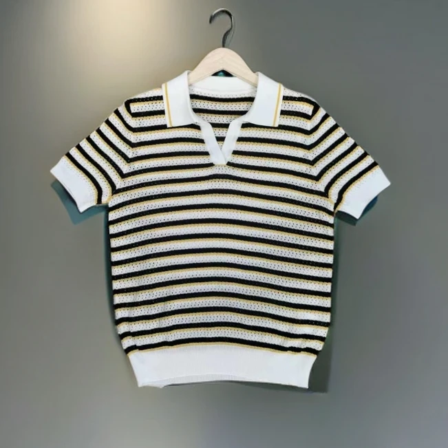 2302法式镂空撞色条纹polo领翻领针织短袖女士夏日清凉透气短袖薄