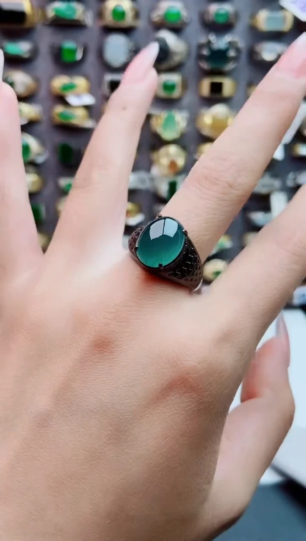 银S925镶嵌戒指翡翠天然翡翠男戒