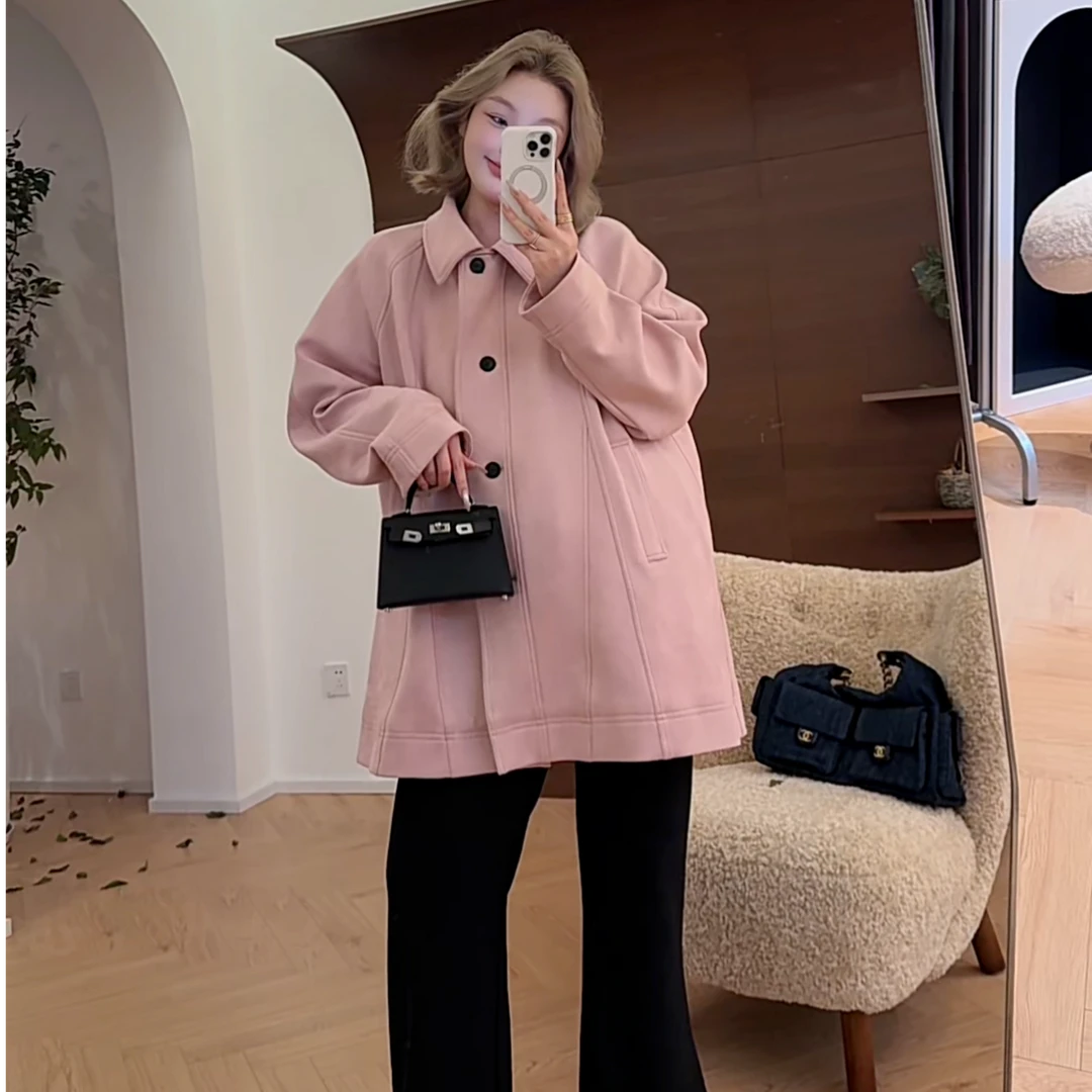 【瘦瘦】轻风叙说-春秋两色翻领插肩袖慵懒中长斗篷风衣外套S01220