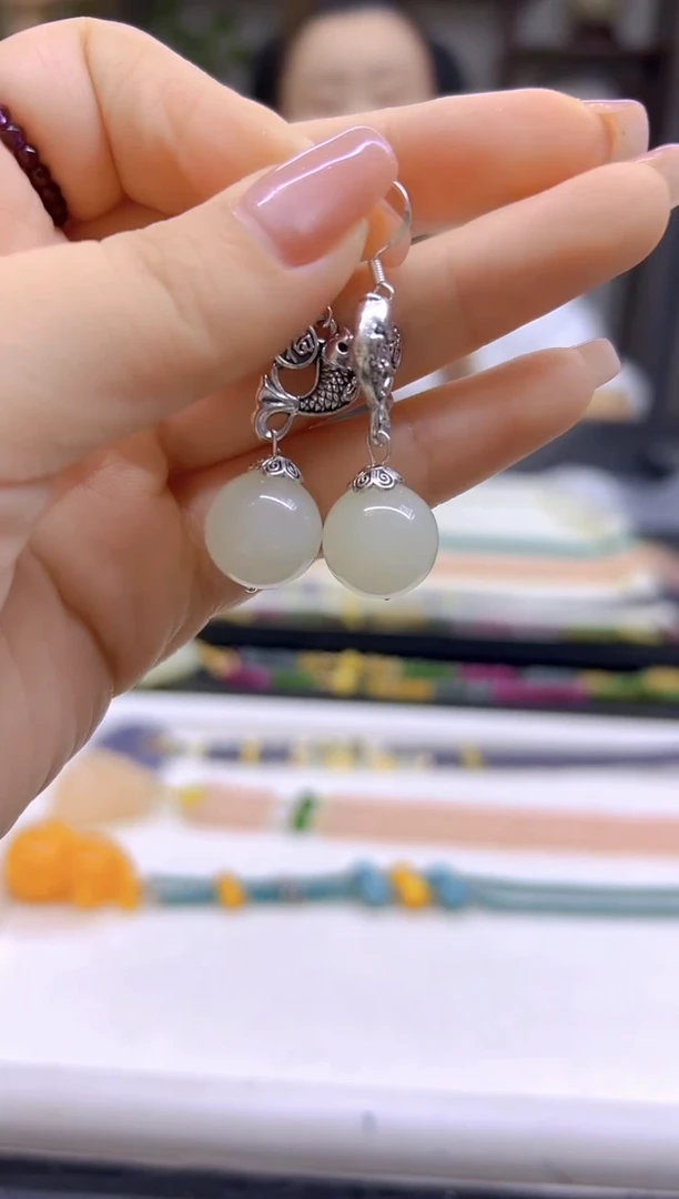 和田玉（白玉）银S925镶嵌耳饰DIY款E783