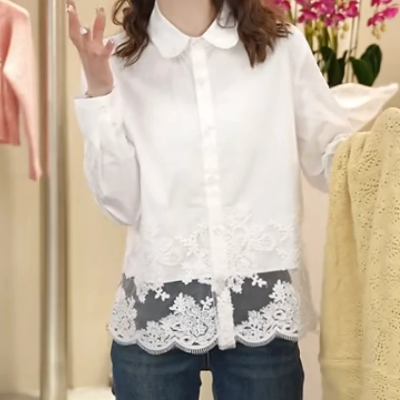 设计感小桃心领下摆镂空拼接蕾丝勾花工艺衬衫女2025春款白衬衣
