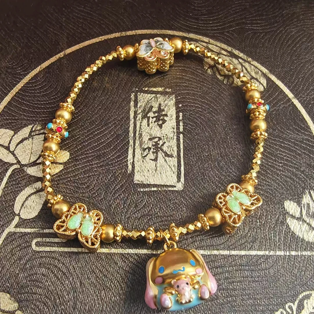 足金999珐琅彩动物精灵系列一忘到底玉桂狗蝴蝶手串 04190013