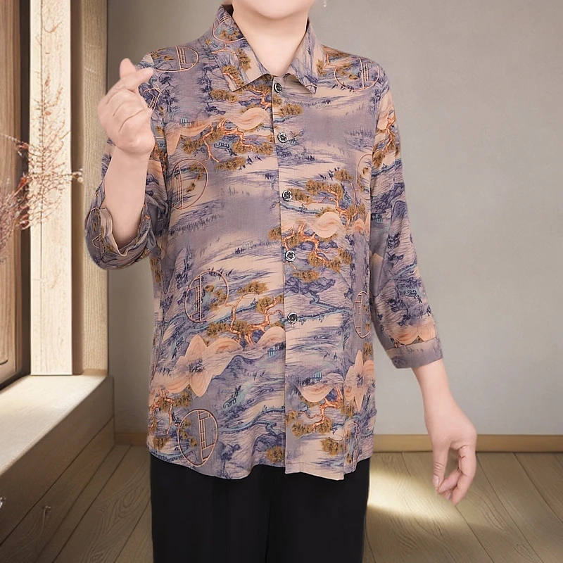 妈妈印花衬衫中老年春夏装棉绸老人奶奶女老太太衬衣服大码奶奶装