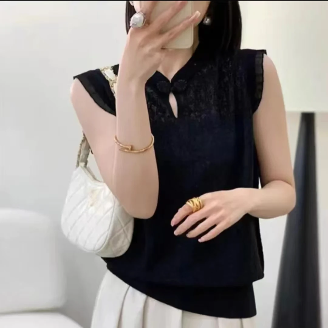 8151-钩花镂空针织国风中式上衣（三色）