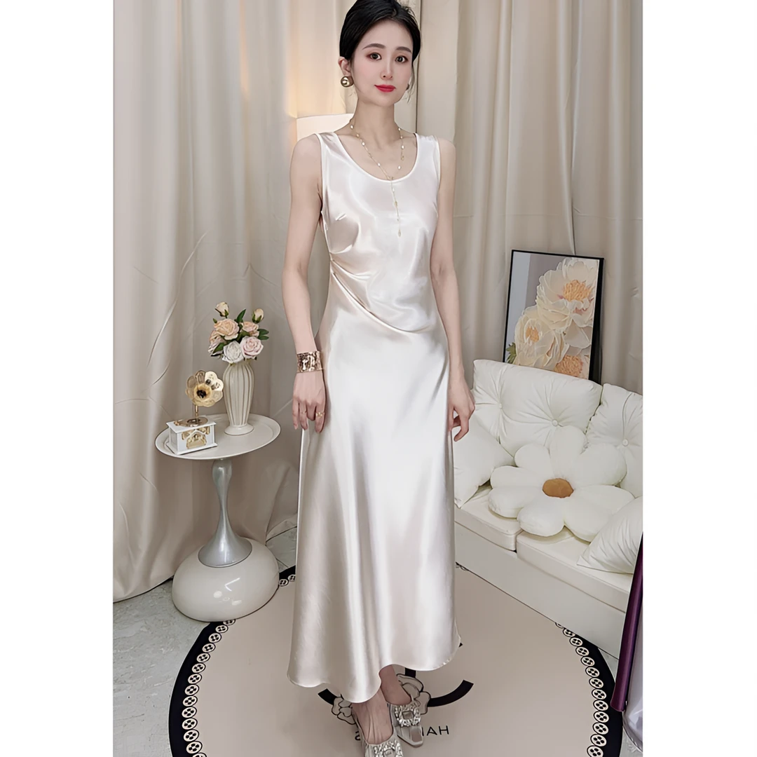 【背心捏褶斜裁鱼尾裙】7728鎏光缎法式气质优雅修身显瘦无袖连衣裙