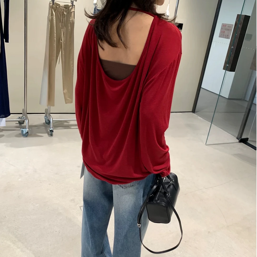 【VIINS】SOI 后背镂空荡领长袖T恤女 百搭宽松上衣2868