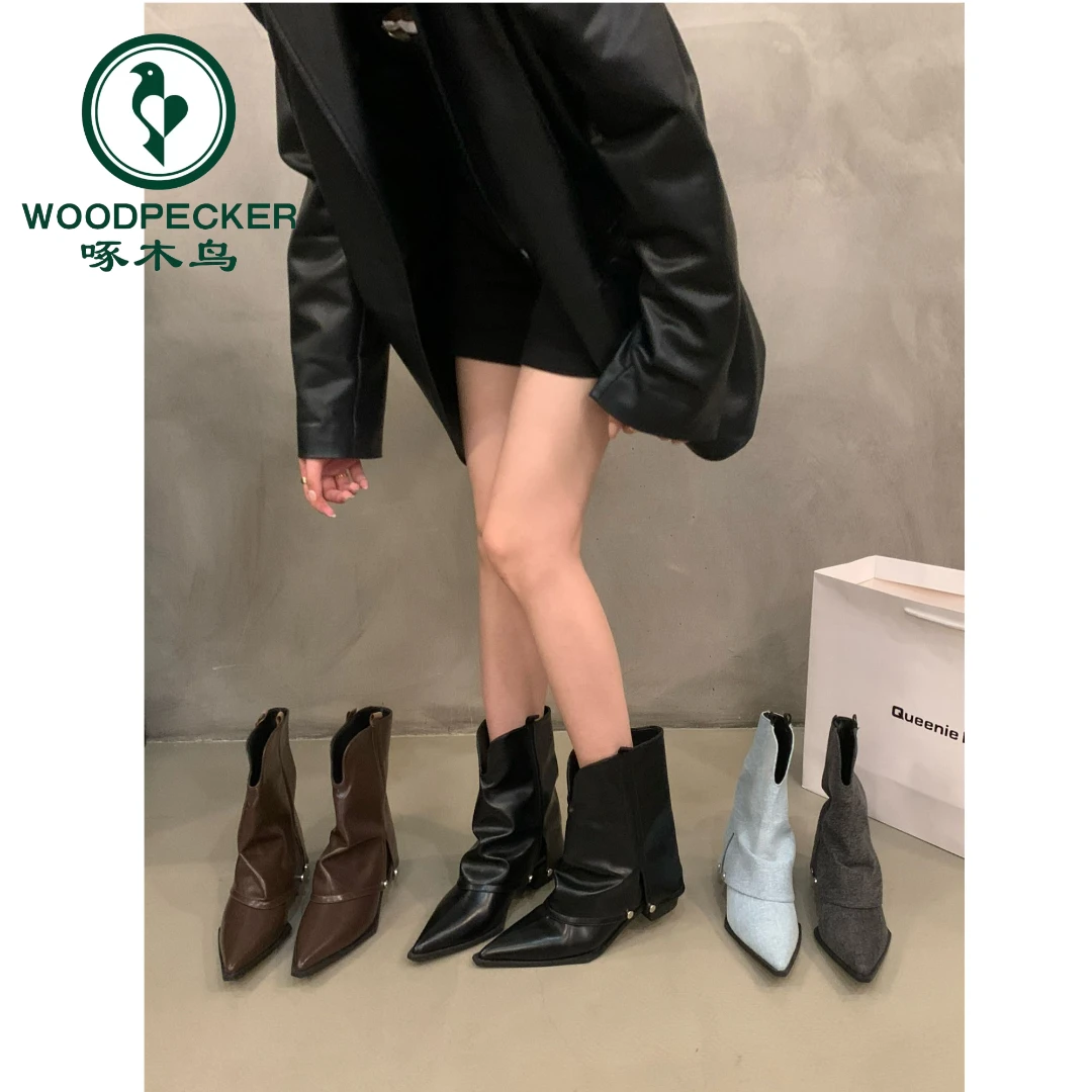 啄木鸟粗跟尖头裤管靴炸街小短靴女鞋春秋2025新款棕色西部牛仔靴