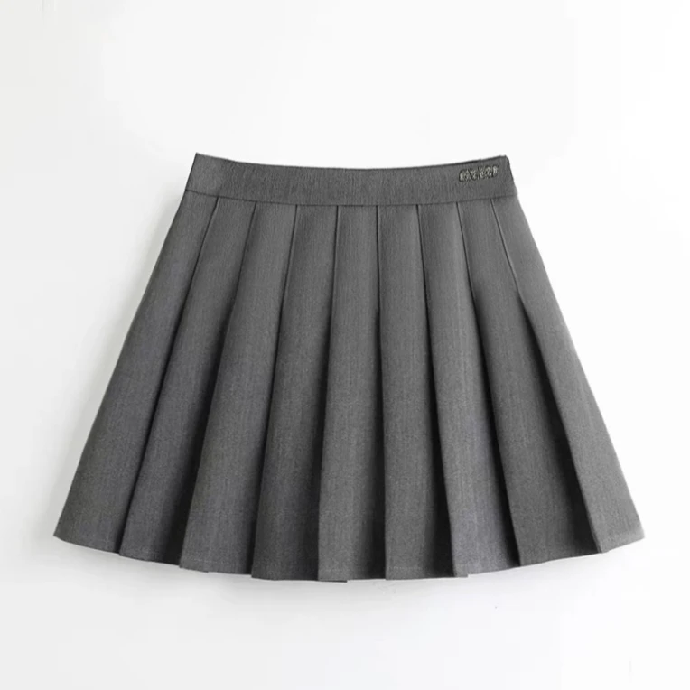 高定深圳春夏miu系刺绣灰色百褶裙高腰A字裙-07
