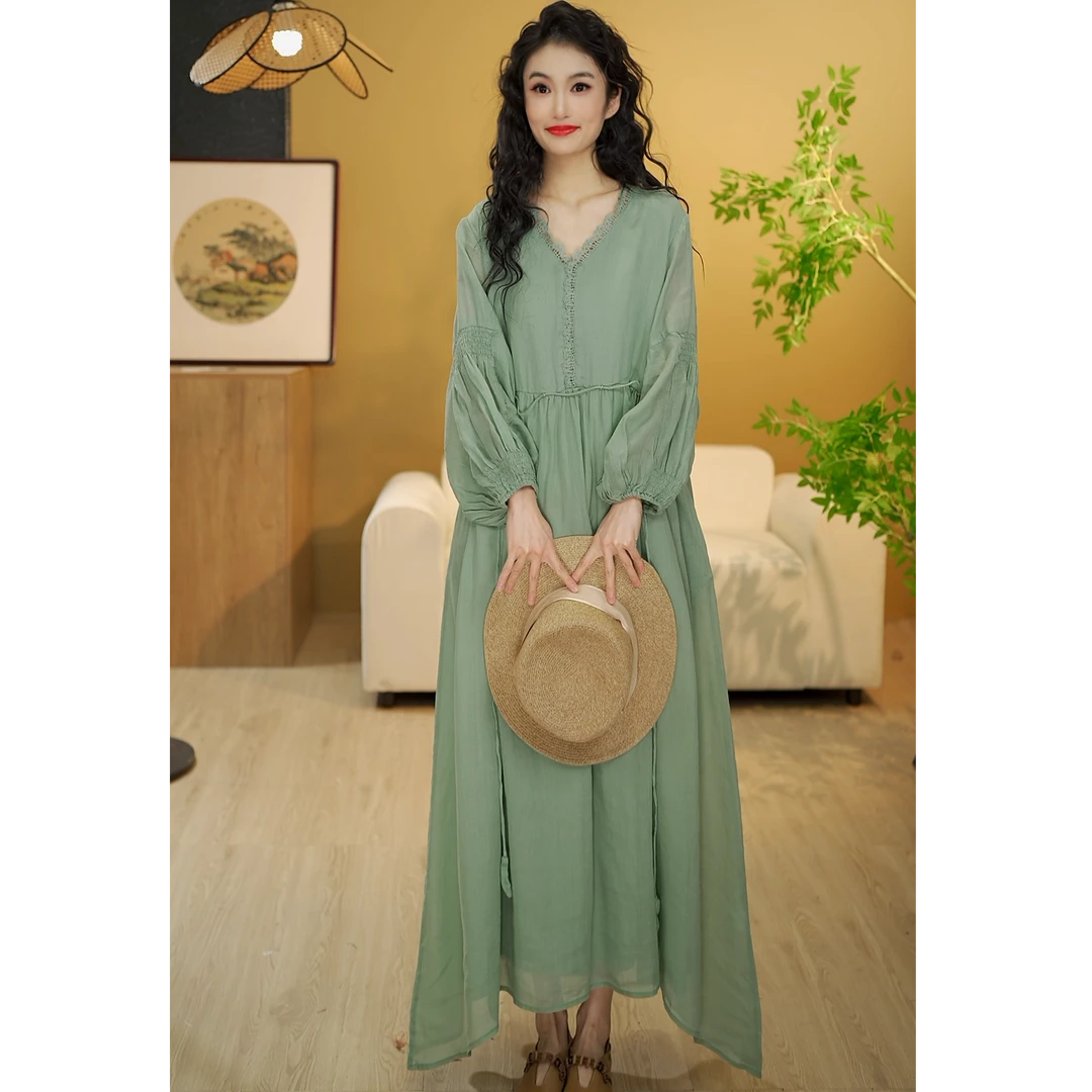 9320春夏款苎麻连衣裙法式V领花边灯笼袖长款半袖连衣裙宽松