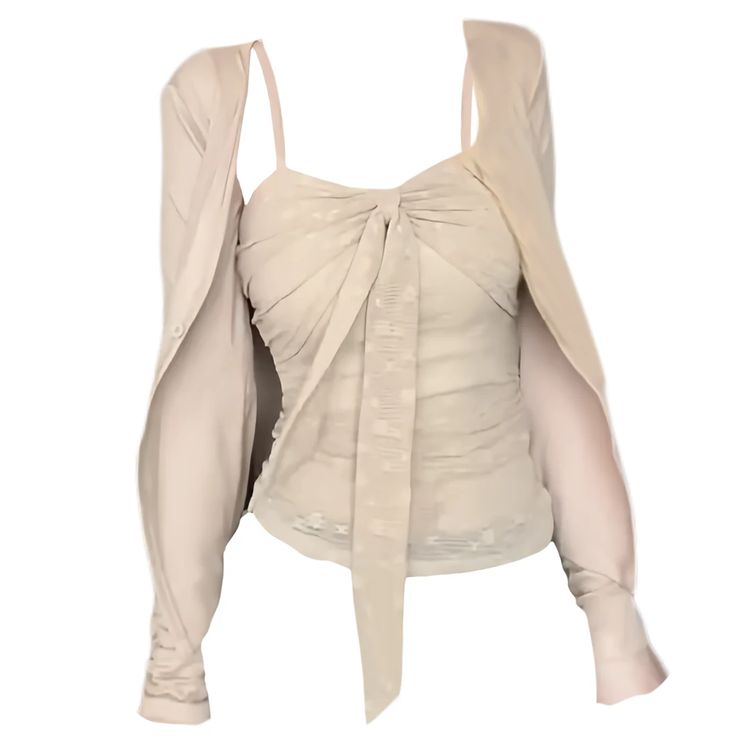 大码胖MM纯欲风蕾丝蝴蝶结吊带背心女早秋新款洋气开衫上衣两件套