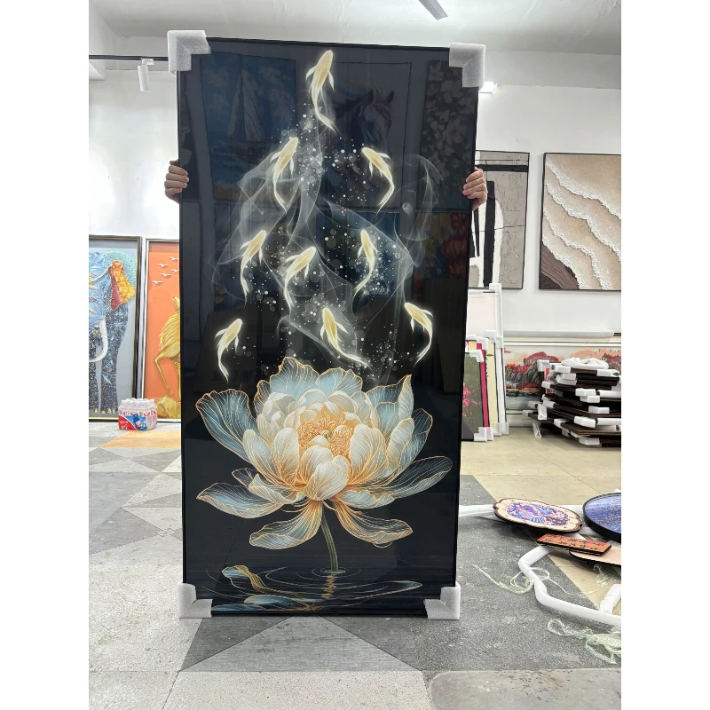 BB晶瓷轻奢和气生财九鱼图荷花玄关装饰画高档入户走廊挂画816