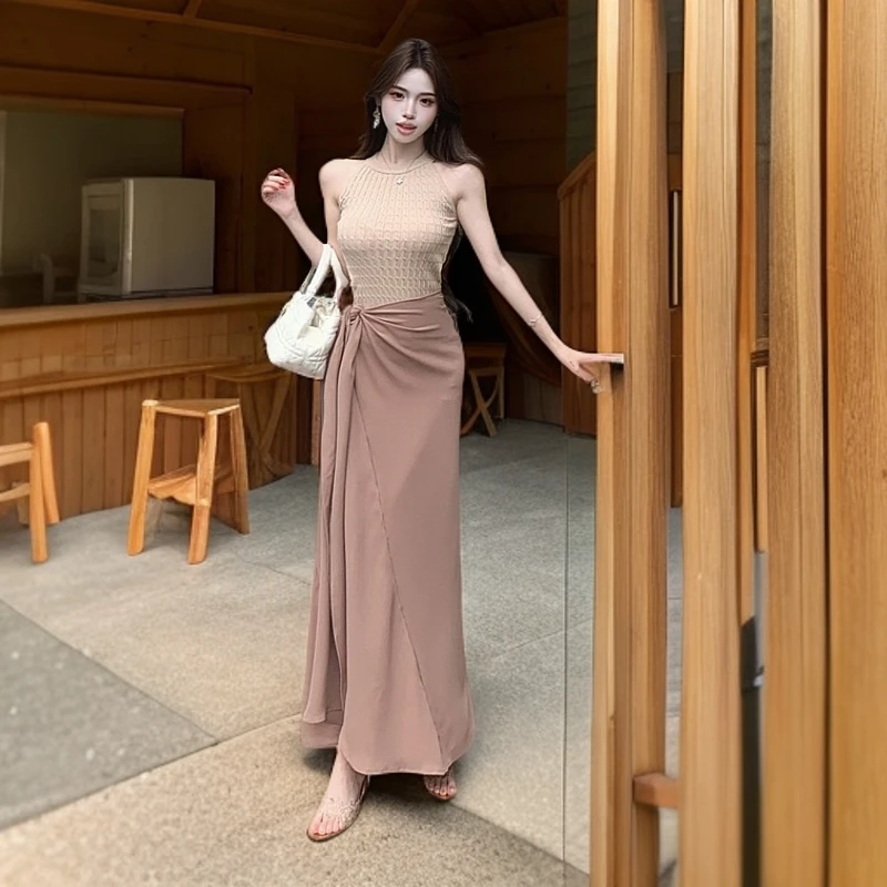 夏季新款休闲套装纯欲辣妹风针织无袖背心上衣+绑带收腰半身长裙