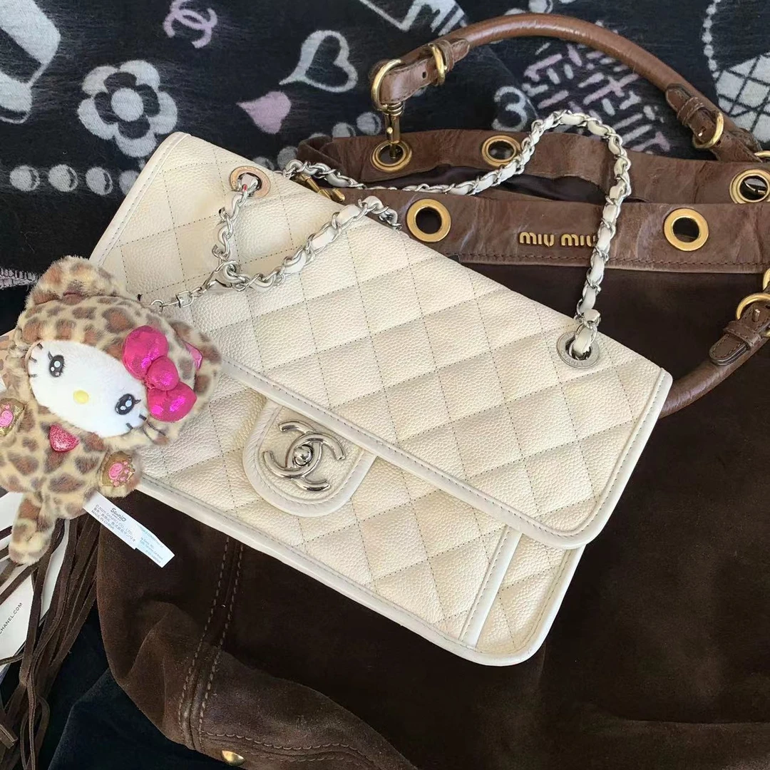 95新 Chanel/香奈儿 奶油白银扣单口袋机场包 28cm 18636672