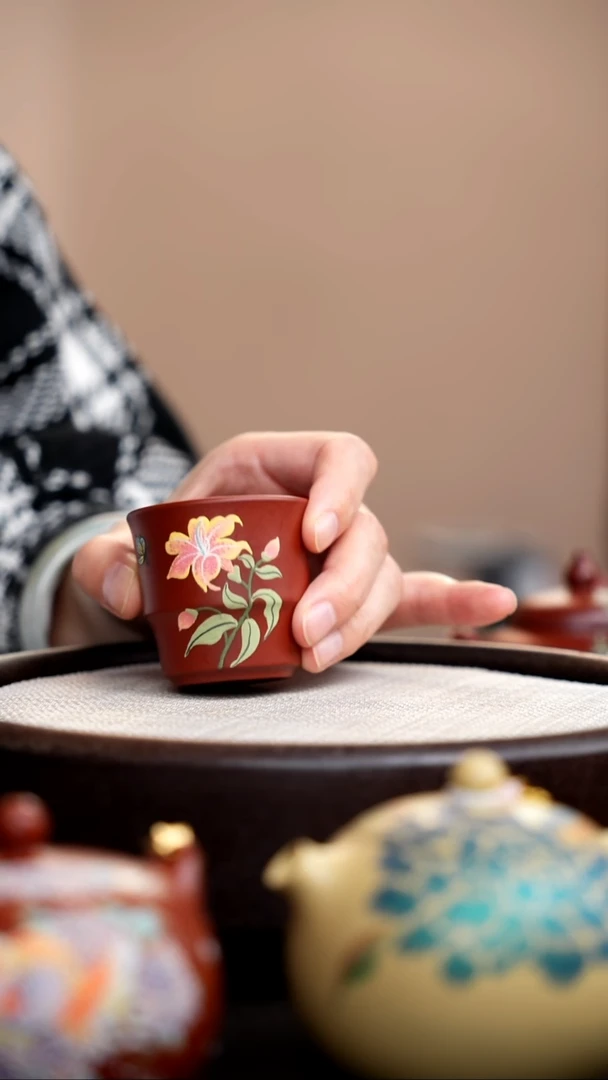 茶壶紫砂朱泥小竹节杯蝶恋花