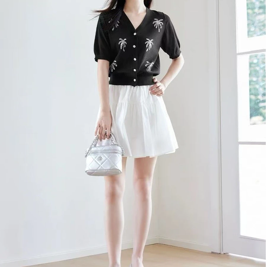 MZ.100%莱赛尔天丝顺滑柔软亮片短袖针织开衫T恤上衣EY6013