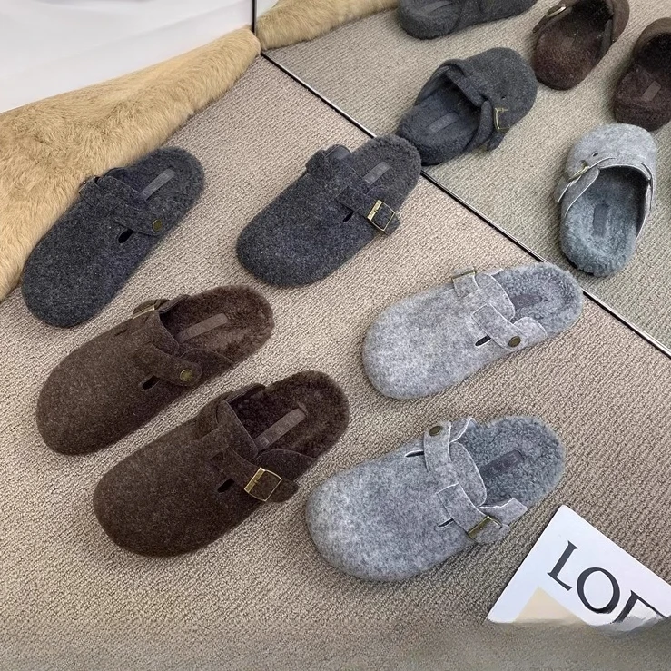 厚底加绒包头半拖鞋女外穿2024秋冬季新款毛毡绒面棉拖鞋勃肯拖鞋