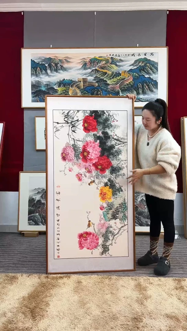 国画手绘牡丹162*82尺寸