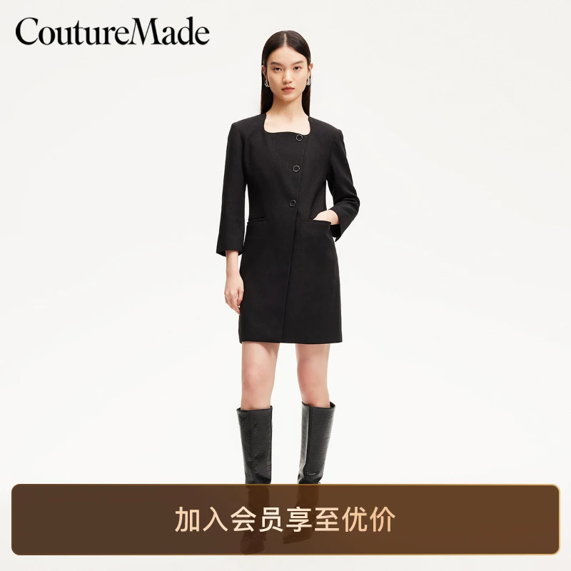 Vero Moda连衣裙洋气方领垫肩西装裙七分袖通勤轻奢高级感老钱风