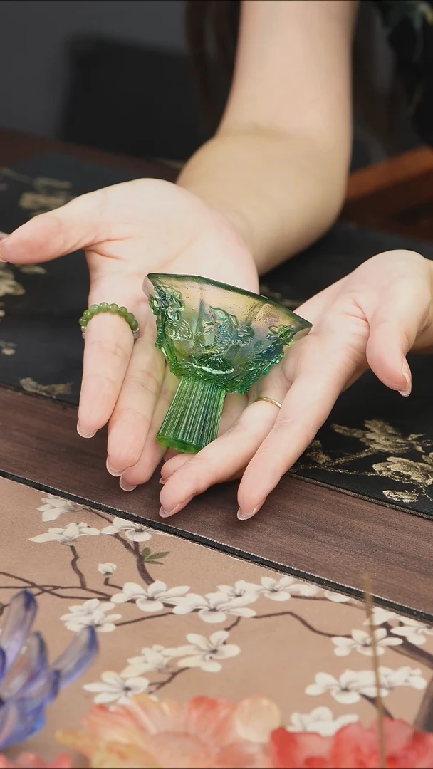 手工艺品琉璃蓝绿色荷花高足茶盏