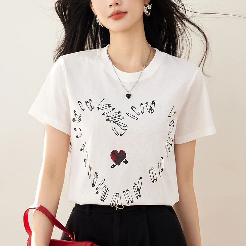 爱心别针印花短袖T恤女夏季新款修身圆领显瘦百搭小众体恤上衣ins