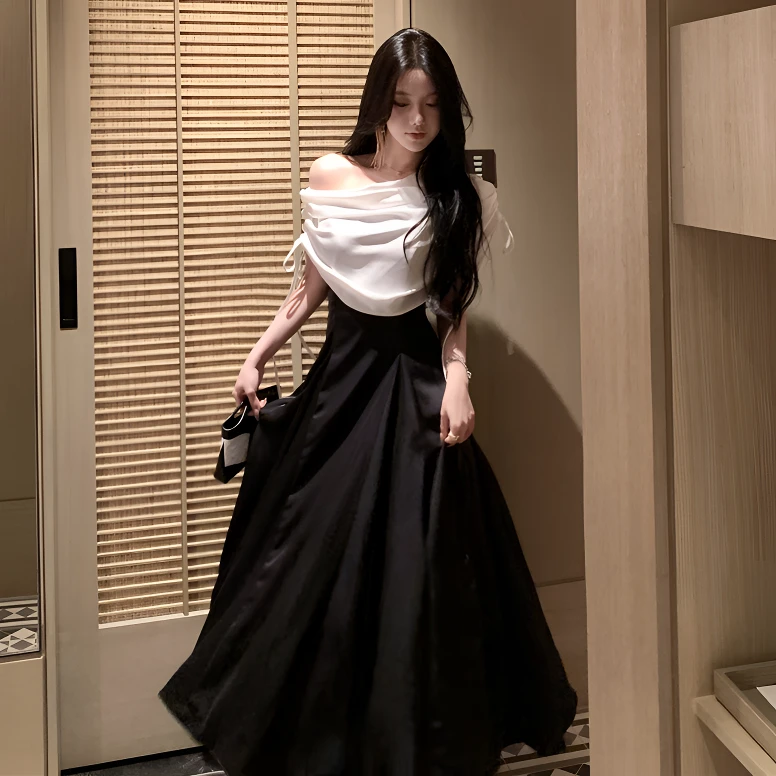 富家千金感黑白拼接一字肩连衣裙正式场合端庄大方收腰宴会礼服裙