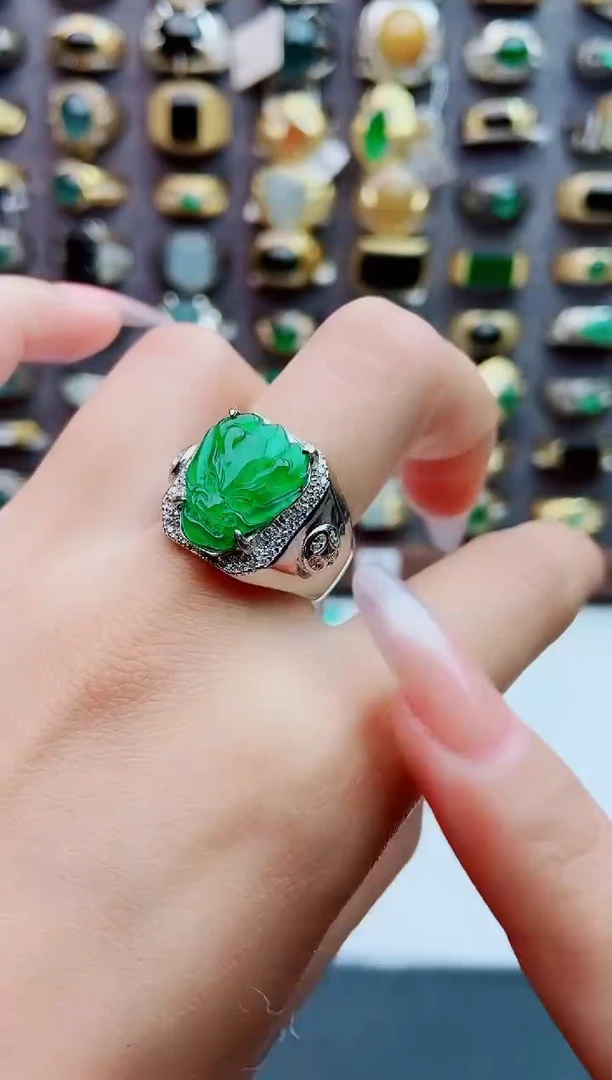 银S925镶嵌戒指翡翠天然翡翠男戒
