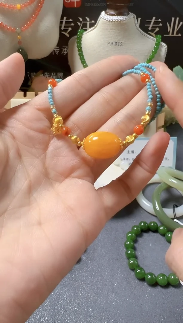 琥珀颈饰银S925镶嵌蜜蜡cg