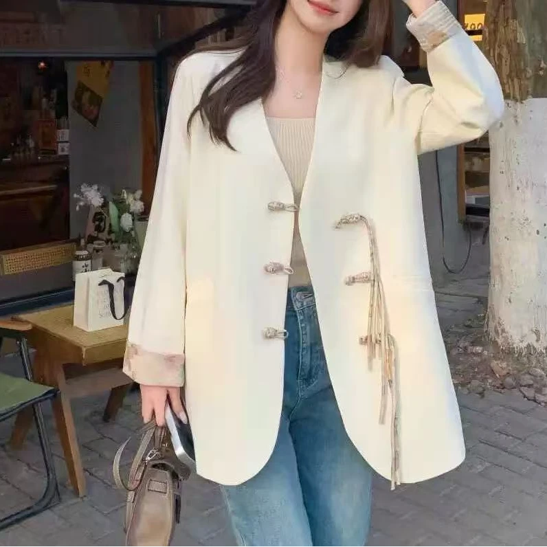 新款国风西服碎花拼接设计感中长款外套