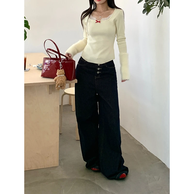 【秋秋清仓】秋冬女新款美式简约水直筒阔腿裤复古拖地牛仔裤50386#