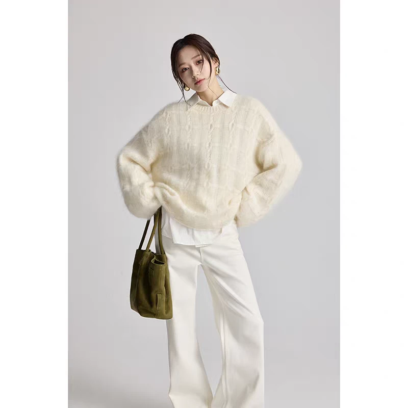 干洗-慵懒奢华绞花拉毛拉绒拉毛圆领针织蚕丝羊毛羊绒女8856