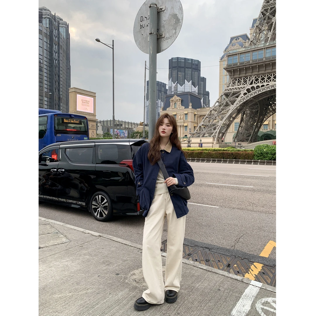 你好卡农 明线休闲直筒牛仔裤高腰显瘦小个子休闲裤子KG24Z2680D