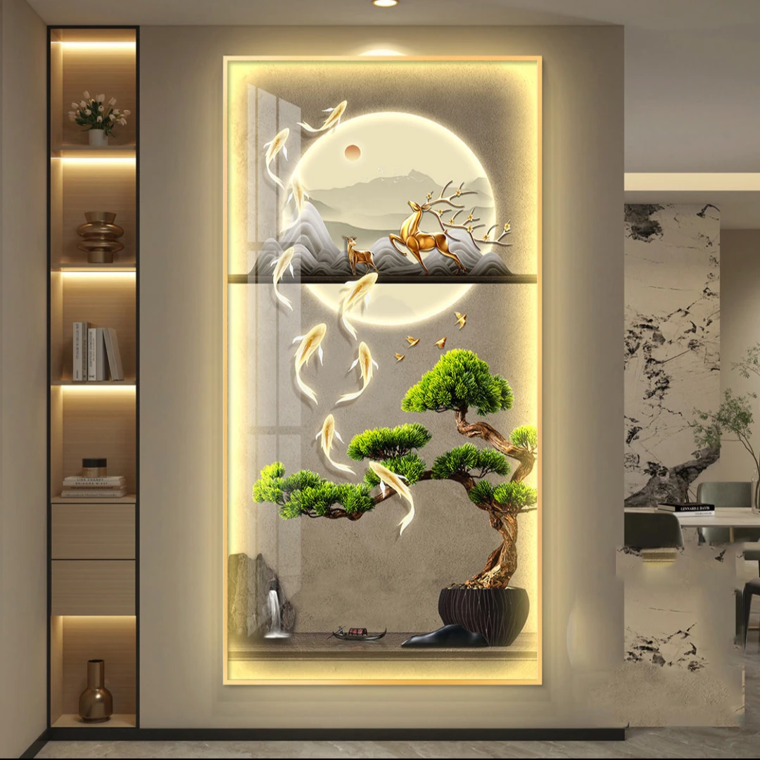 九鱼迎客松入户门走廊墙壁挂画新中式高档大气过道玄关灯光装饰画