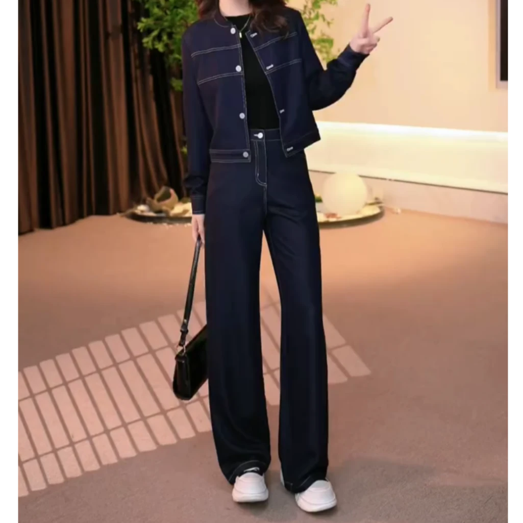 新款套装2025早春时尚高定轻奢气质显瘦牛仔复古外套直筒裤两件套