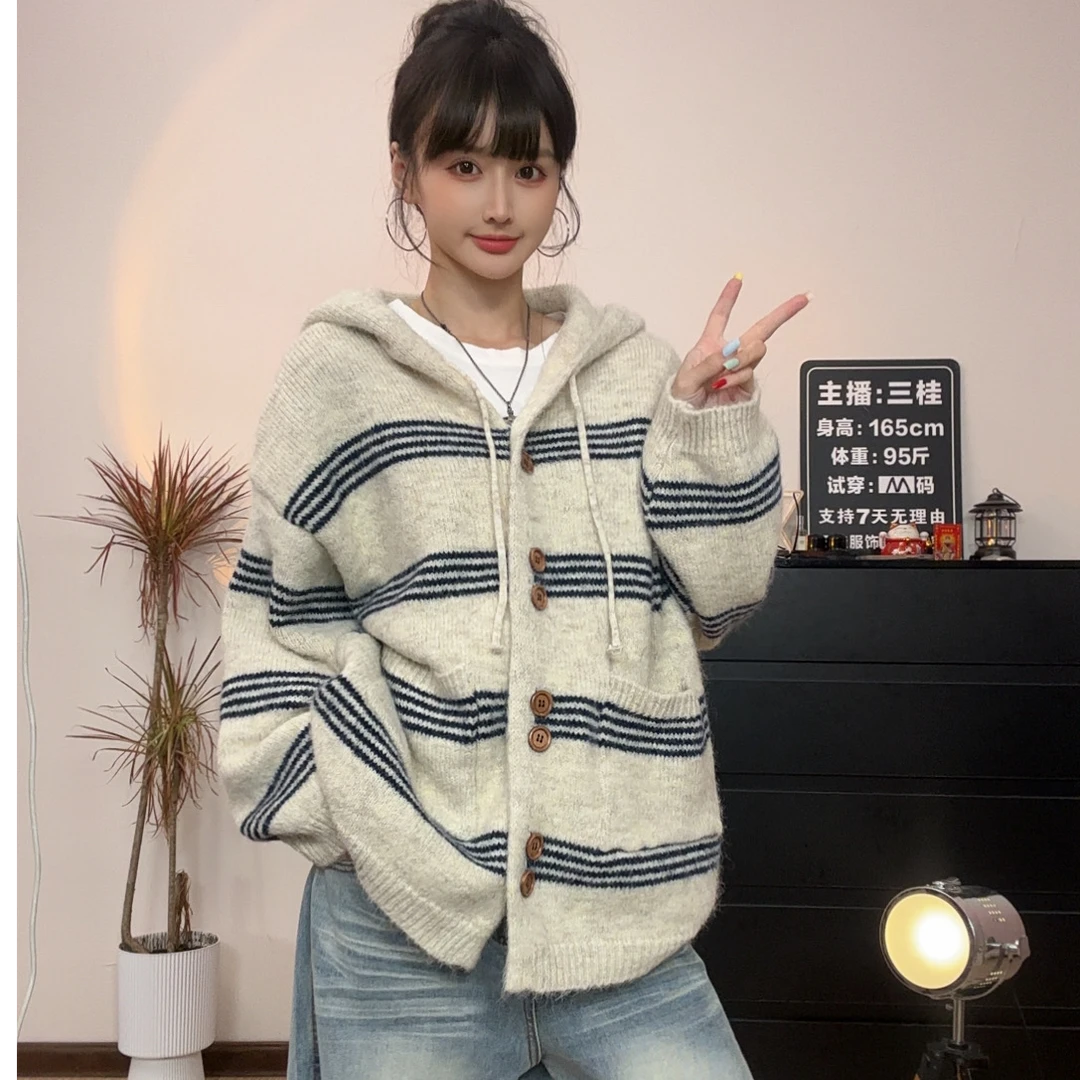 INS风条纹连帽女中长款毛针织衫加厚秋冬灰色海妖风上衣毛衣外套