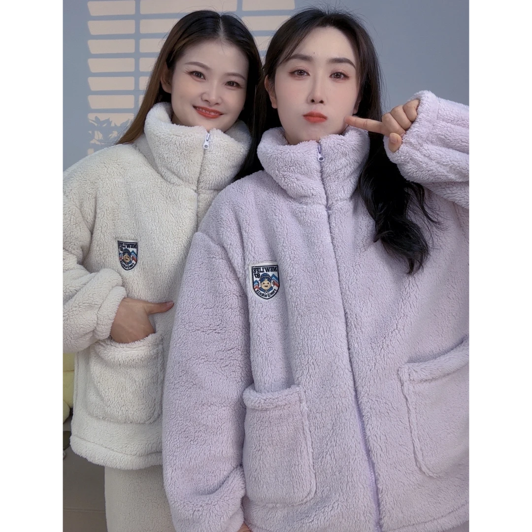 冬季（双面雪地绒D）小熊加绒保暖可外穿式厚睡衣套装女情侣居家服