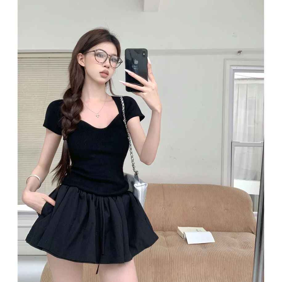 时尚系带高腰短裙裤黑色半身裙女春甜辣妹显瘦a字蓬蓬裙百搭裙子