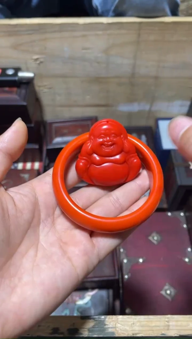 和田玉未镶嵌颈饰红钰手镯弥勒佛1套