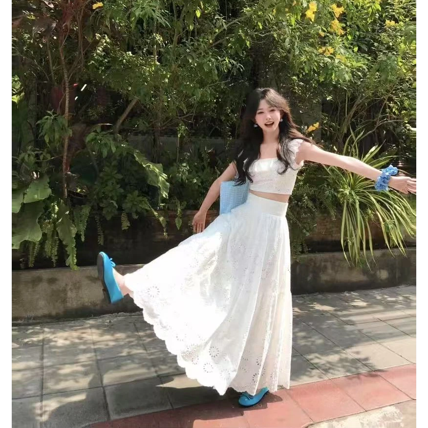 海边度假风辣妹套装女夏季绝美白色小飞袖上衣半身裙子穿搭一整套