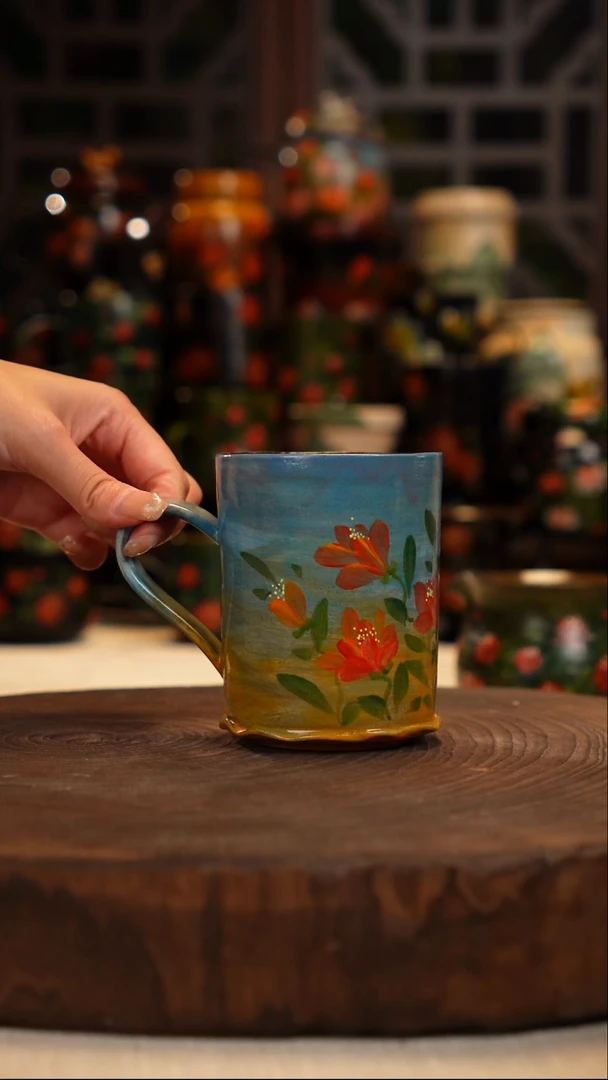 油画    手绘釉下彩杯子