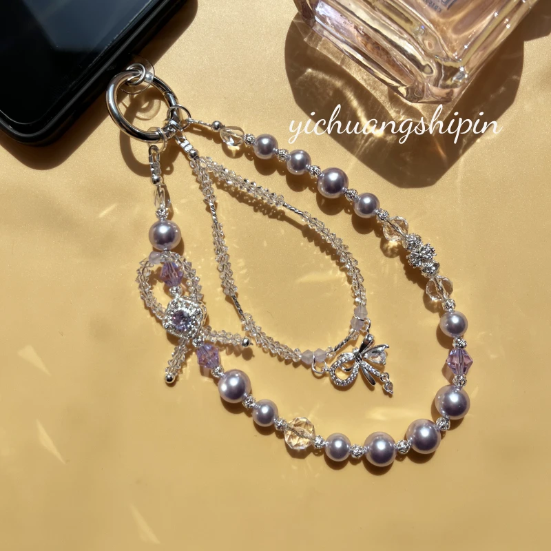 浅紫色系手机链手腕款手机挂链女款高档手机链高级感手机扣挂绳