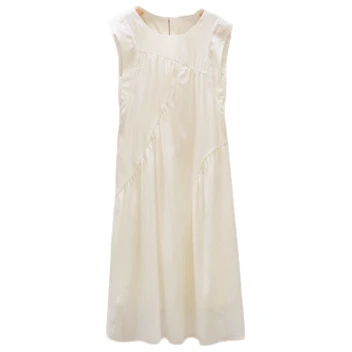 Q白色时尚夏季女士休闲百搭圆领纯色女装连衣裙-8204