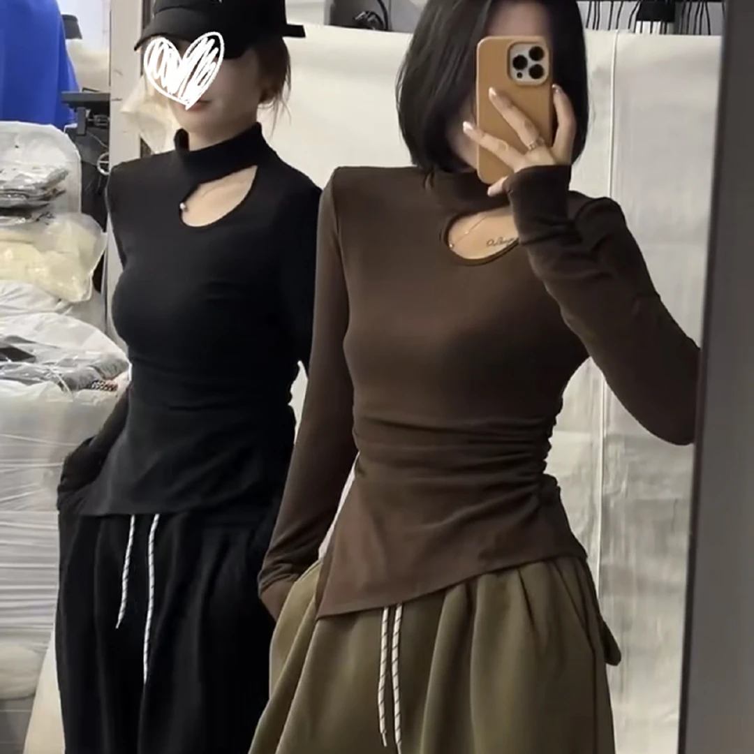 秋冬新款修身百搭半高领心机镂空磨毛长袖打底衫上衣女