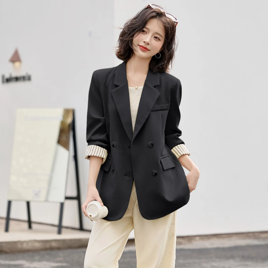 高级感时尚拼接宽松西装外套女春秋新款洋气百搭双排扣小西服上衣