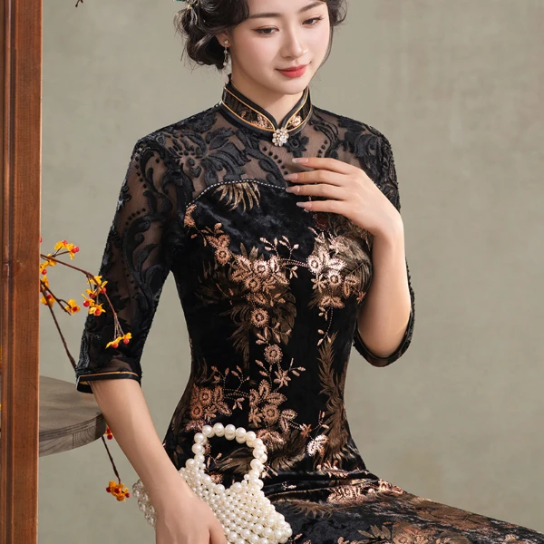 新中式国风高级感名媛年轻款复古提花丝绒改良旗袍性感包臀长裙子