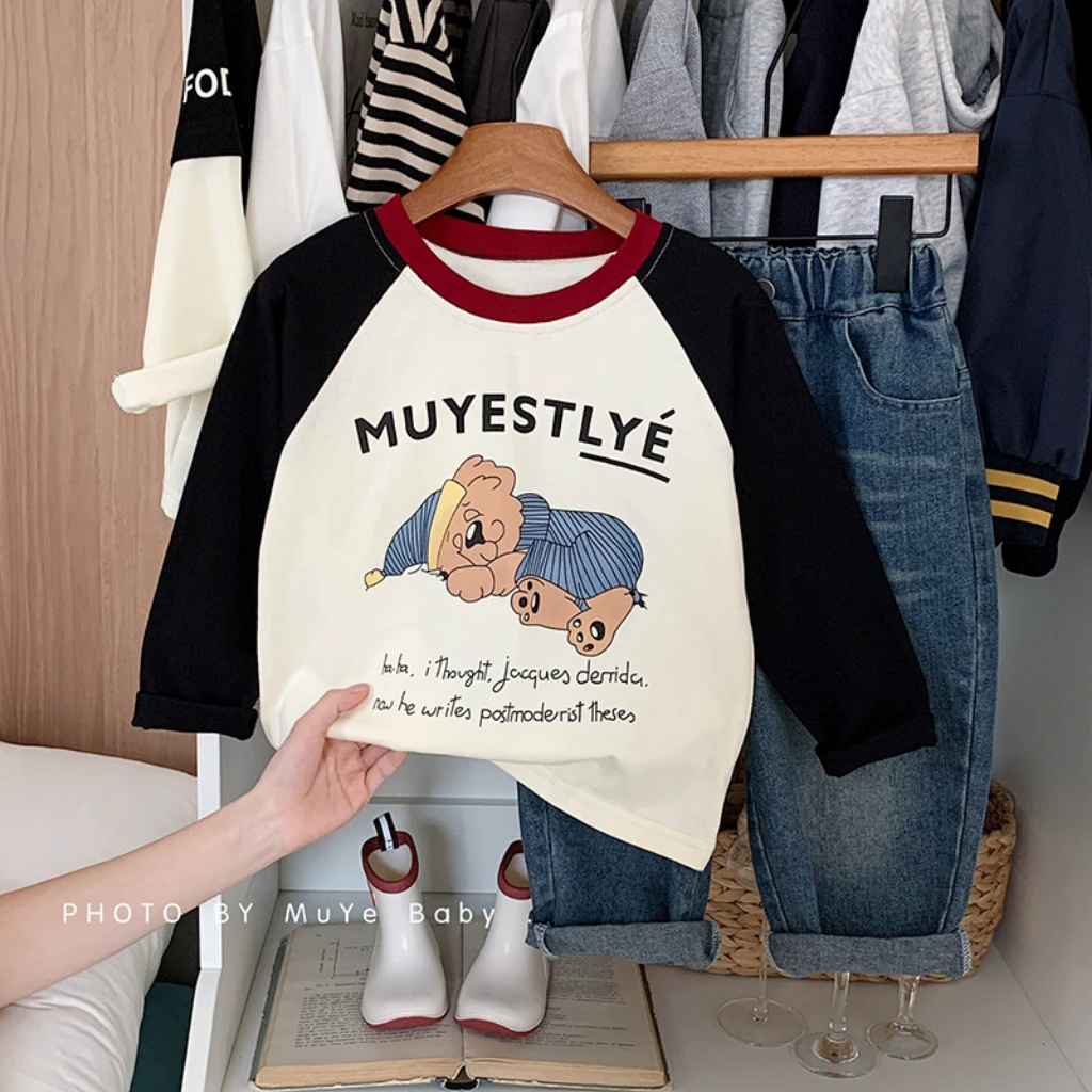 儿童纯棉打底衫春季新款可爱童装服饰男童韩版拼色插肩袖宝宝上衣