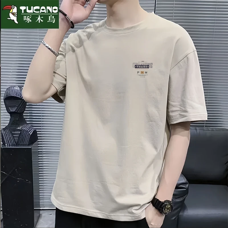 啄木鸟纯棉短袖t恤男士夏季新款宽松圆领上衣青年舒适简约打底衫t